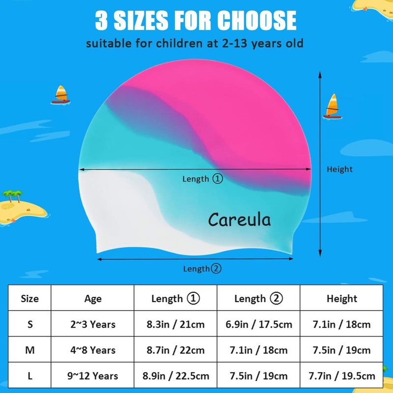 Careula Swim Cap, 2 Pack Durable Silicone Swimming Caps for Kids Girls Boys Youths (Age 2-12), Soft 3D Ergonomic Waterproof Kids Swim Caps, Comfortable Fit for Long Hair and Short Hair - Image 5